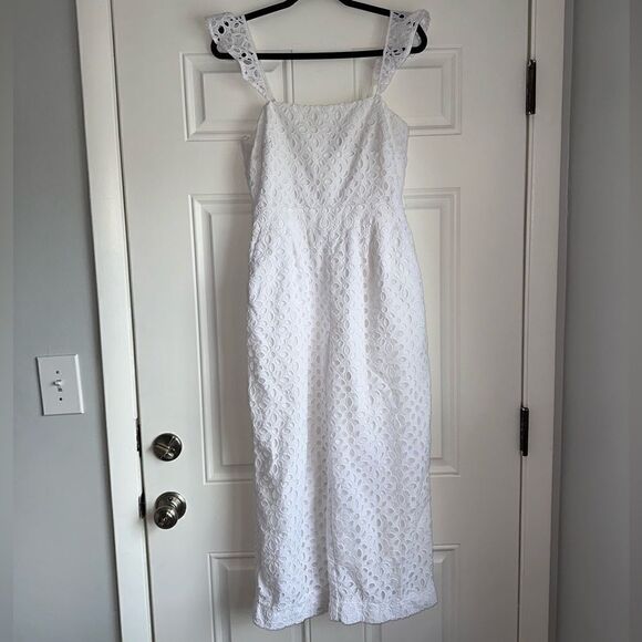 Express size 2 Ruffle jumpsuit in embroidered eyelet white lace wide leg romper - Picture 4 of 7